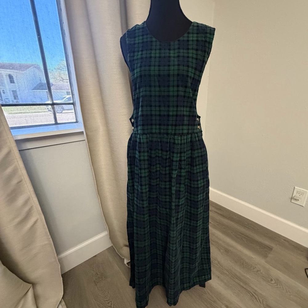 Vintage Pinafore Karen Scott Plaid Green and Navy Dress - 100% cotton